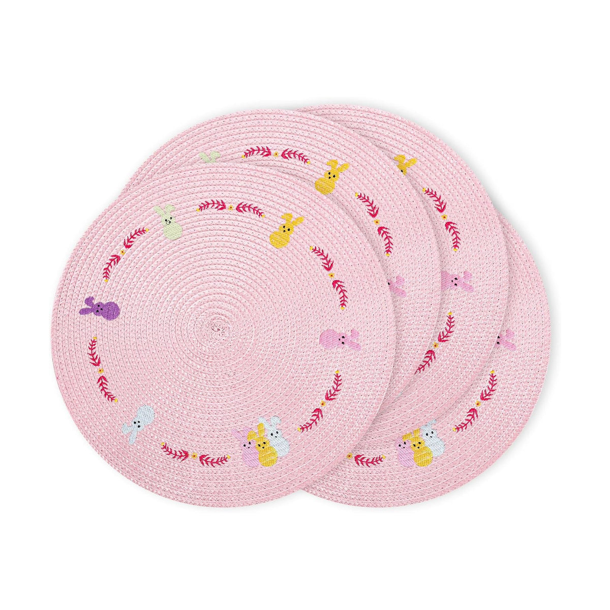 Whaline 4Pcs Easter Bunny Round Placemats Pink Rabbit Embroidered Place Mats Spring Cute Kitchen Table Mats for Home Wedding Baby Shower Birthday Dinner Party Decor
