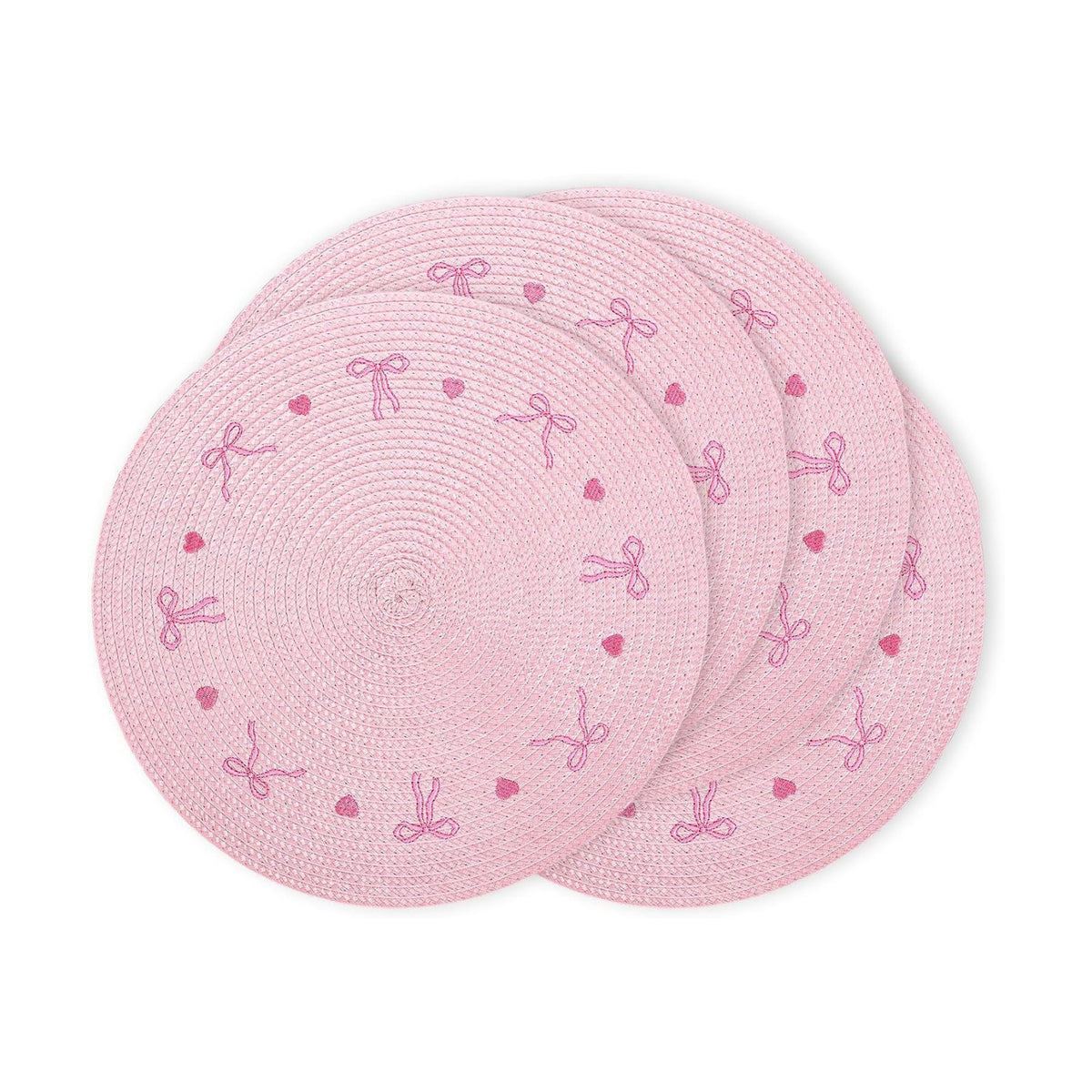 Whaline 4 Pcs Pink Bow Embroidered Placemats Round Place Mats Coquette Bow Dinner Table Mats for Home Wedding Baby Shower Birthday Party Decor