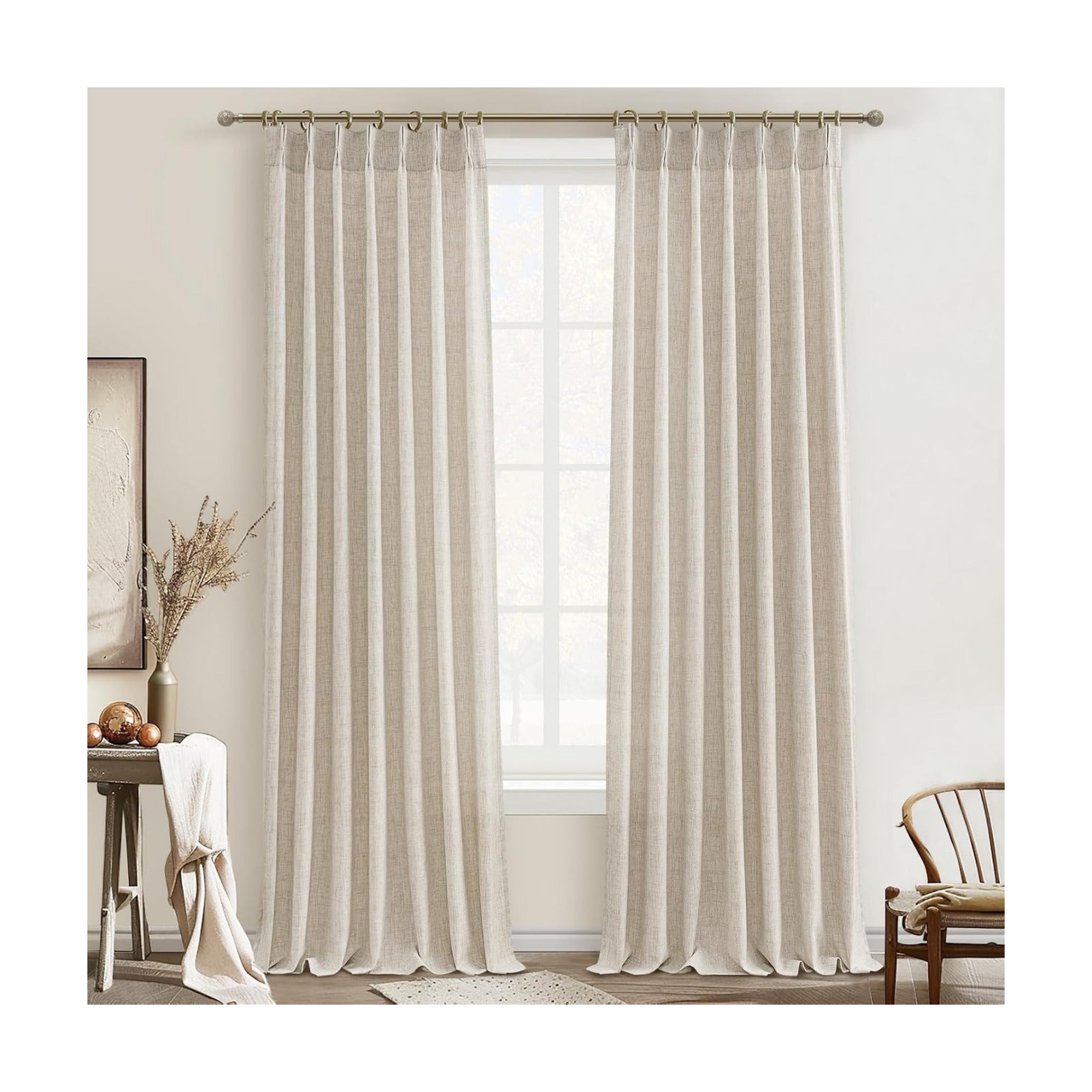 PleatedDrapes Light Filtering Curtains 100 Inches Long for Bedroom 2 Panels Set, Boho Pinch Pleat Natural Linen Blend