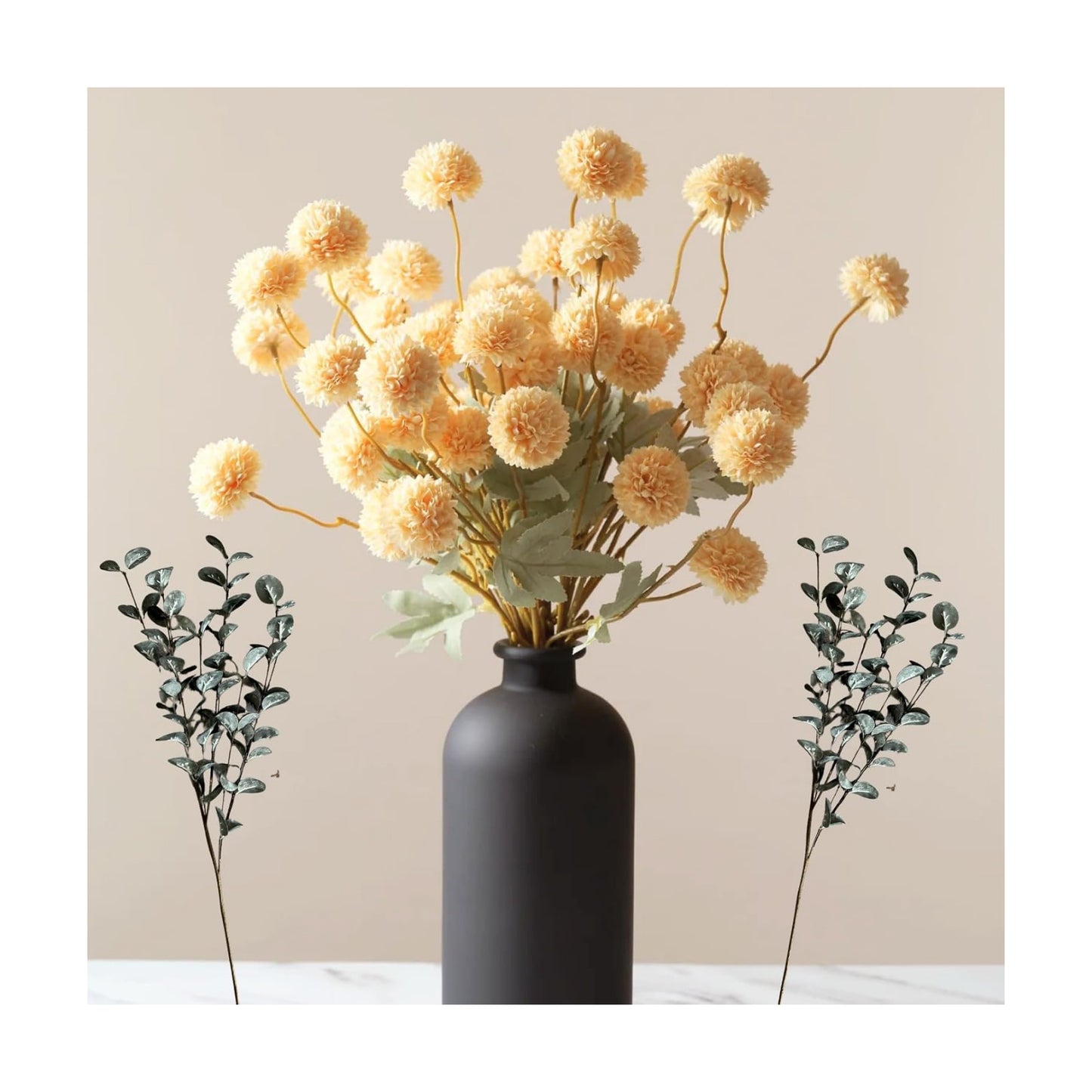 Yellow Flowers Artificial 10 Long Stems Kiku Flower With Eucalyptus