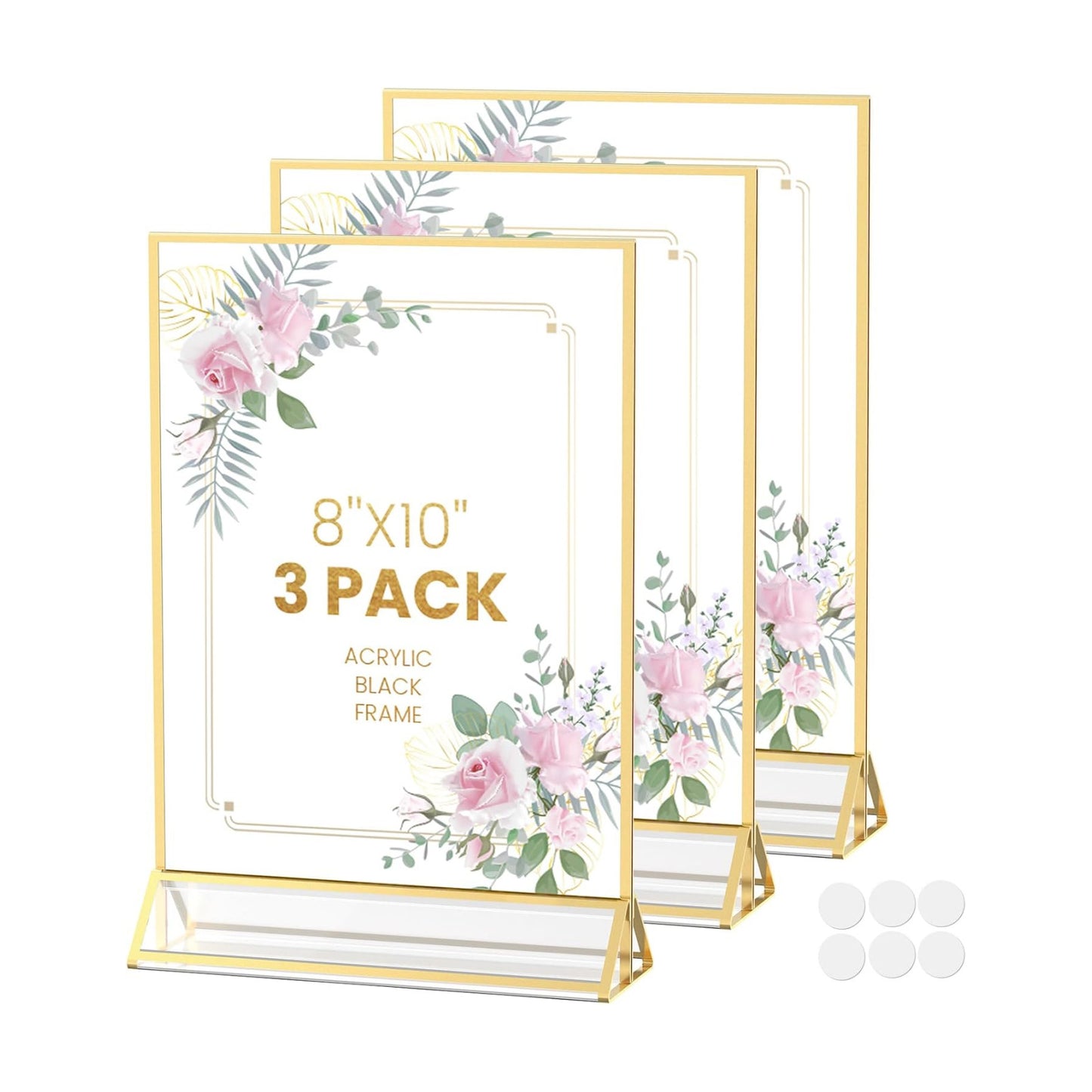 Frames Double-Sided Picture Frames Tabletop Acrylic Sign Holder / 8 x 10 / Gold / Set of 3
