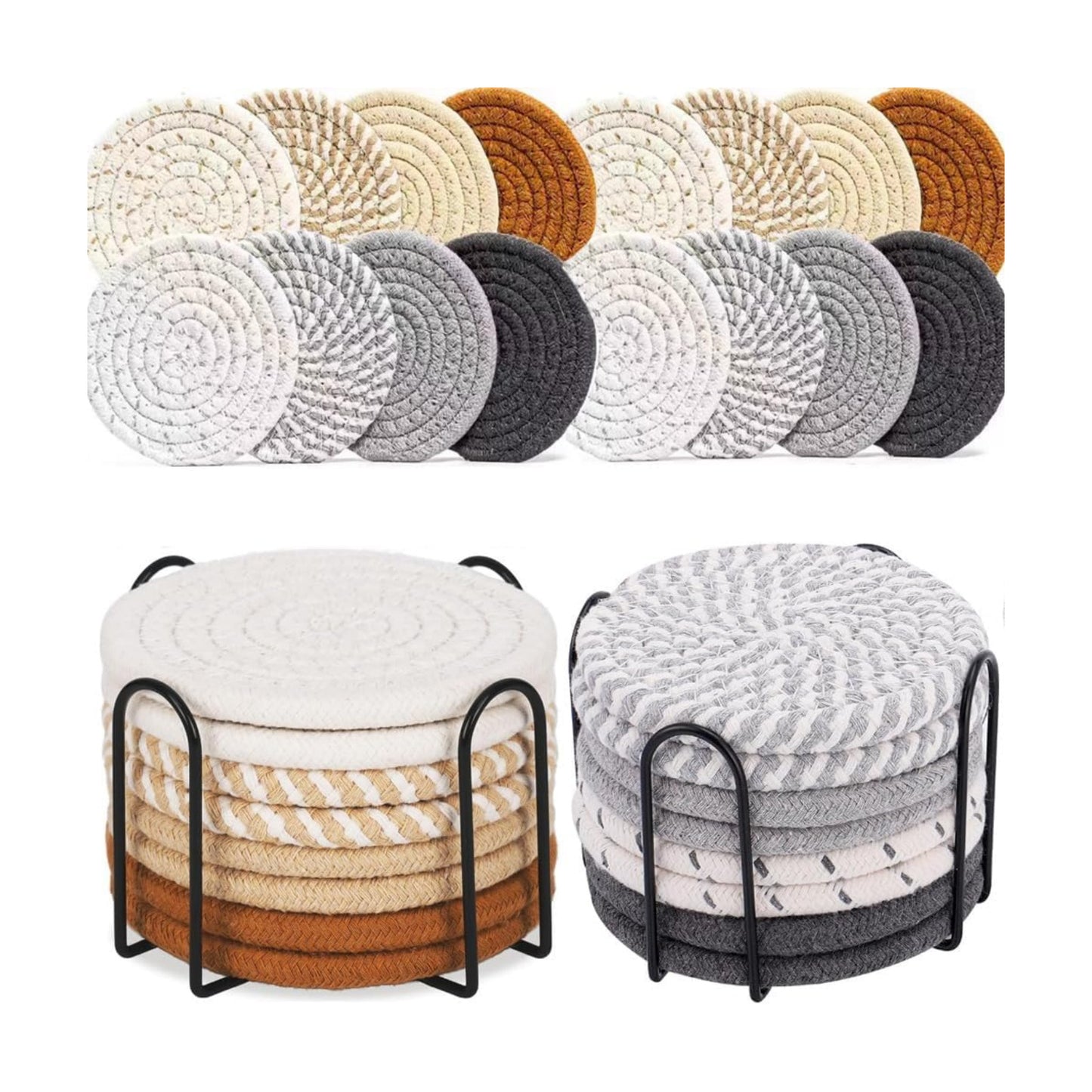 Metal Holder / Boho Woven Absorbent Coaster Set 8 Colors Heat Resistant Coasters / Set of 16
