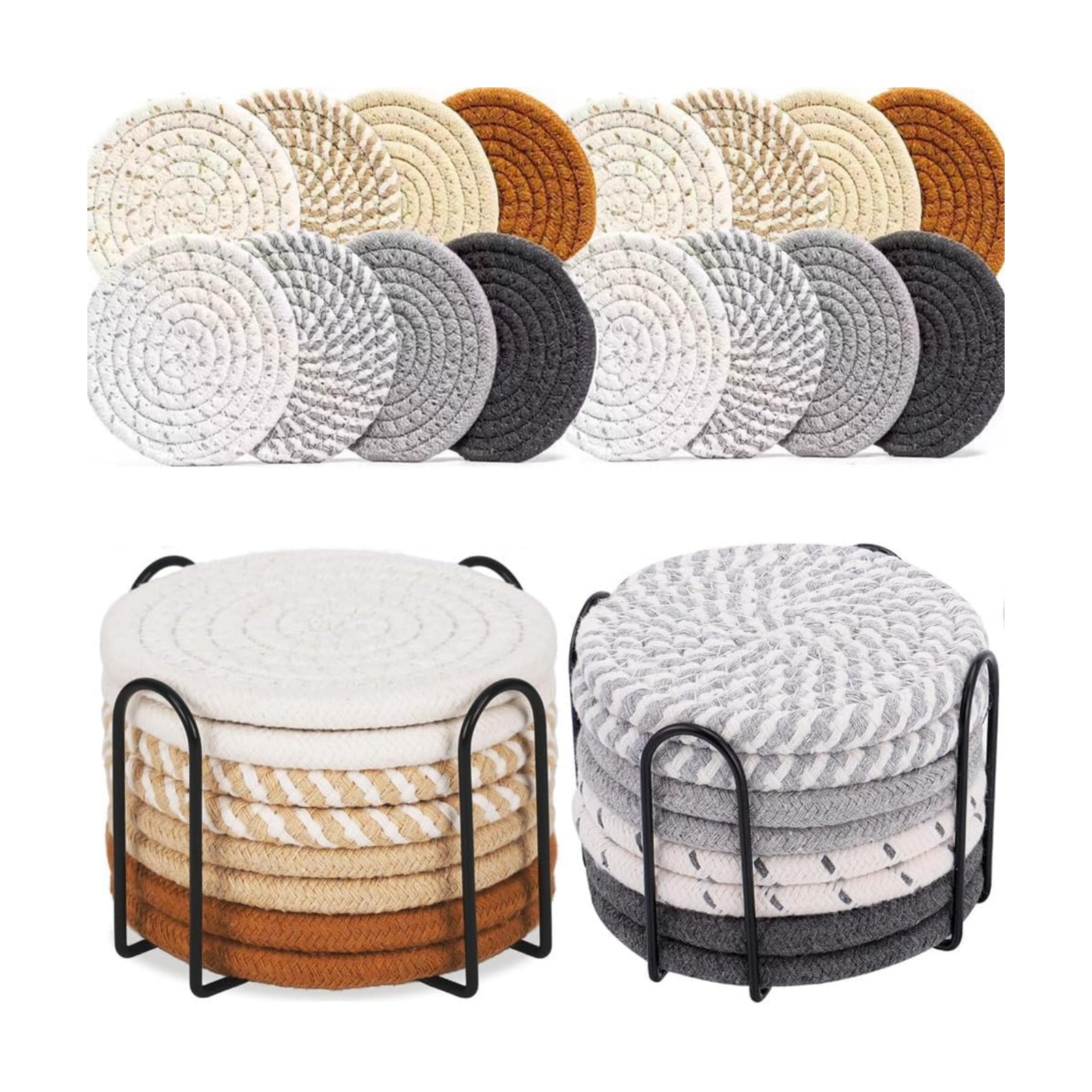 Metal Holder / Boho Woven Absorbent Coaster Set 8 Colors Heat Resistant Coasters / Set of 16