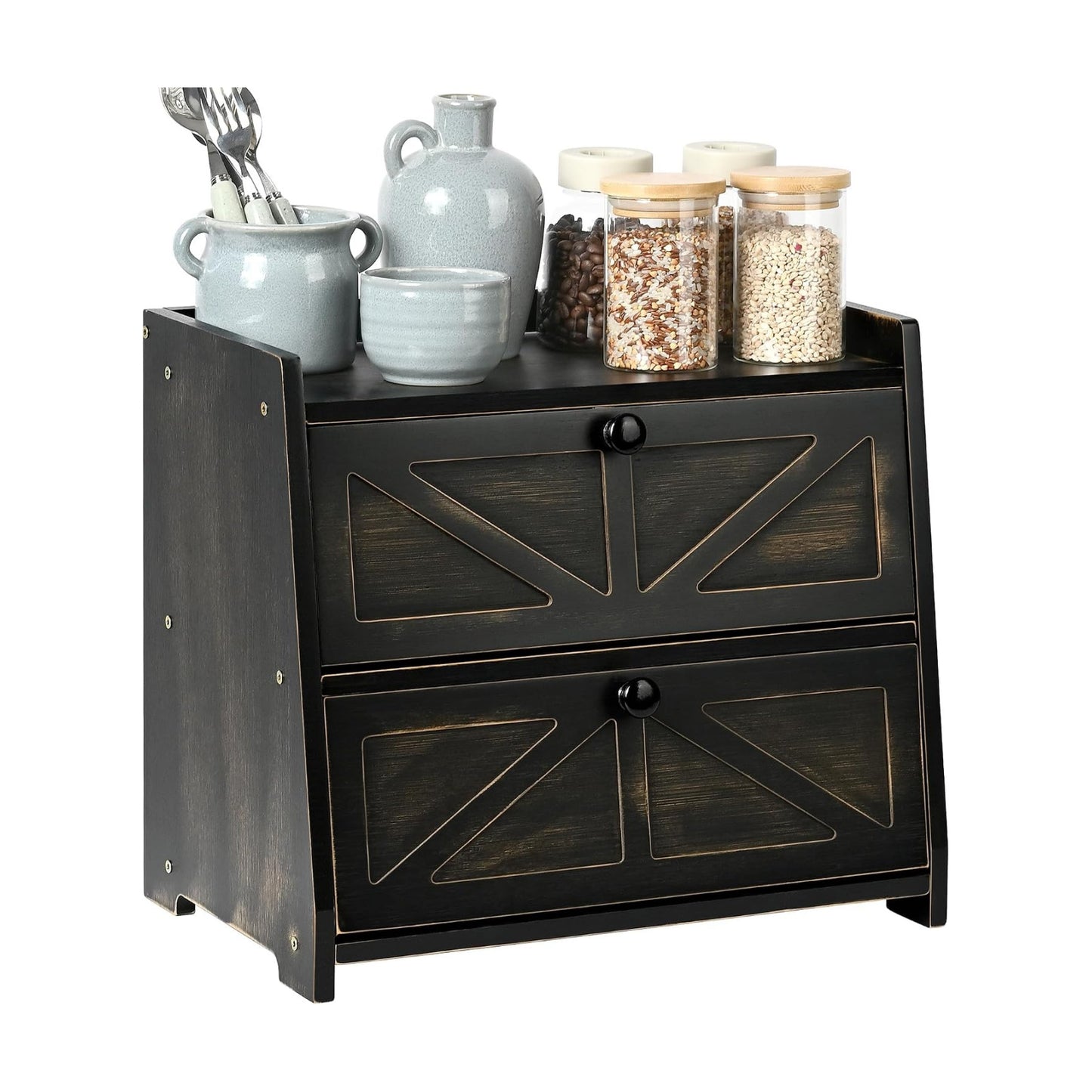 Bamboo Corner Bread Box for Kitchen Countertop 2-Tier Black | Farmhouse Bread Storage Container, Large Pantry