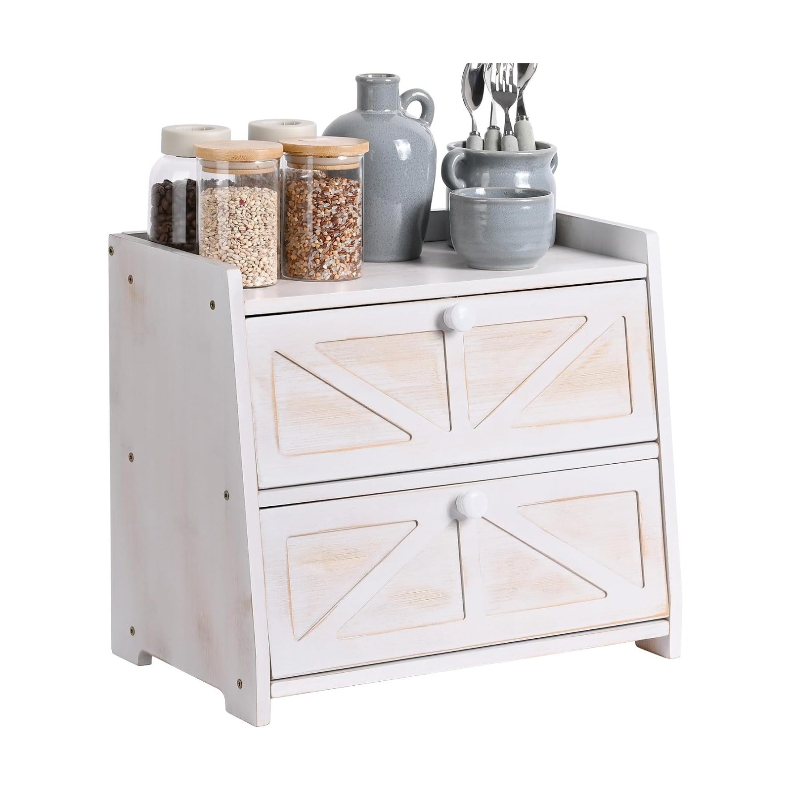 Bamboo Corner Bread Box for Kitchen Countertop 2-Tier White | Farmhouse Bread Storage Container, Large Pantry