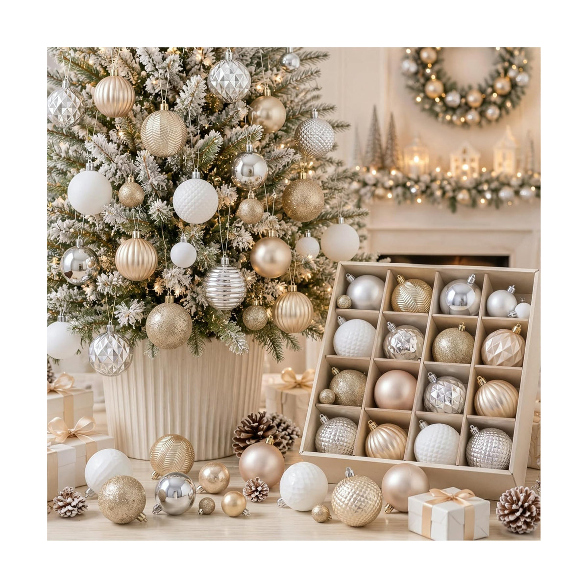 Lunmon 64 Pcs Champagne Gold White Christmas Ornaments 1.57/1.97/2.36 Inch