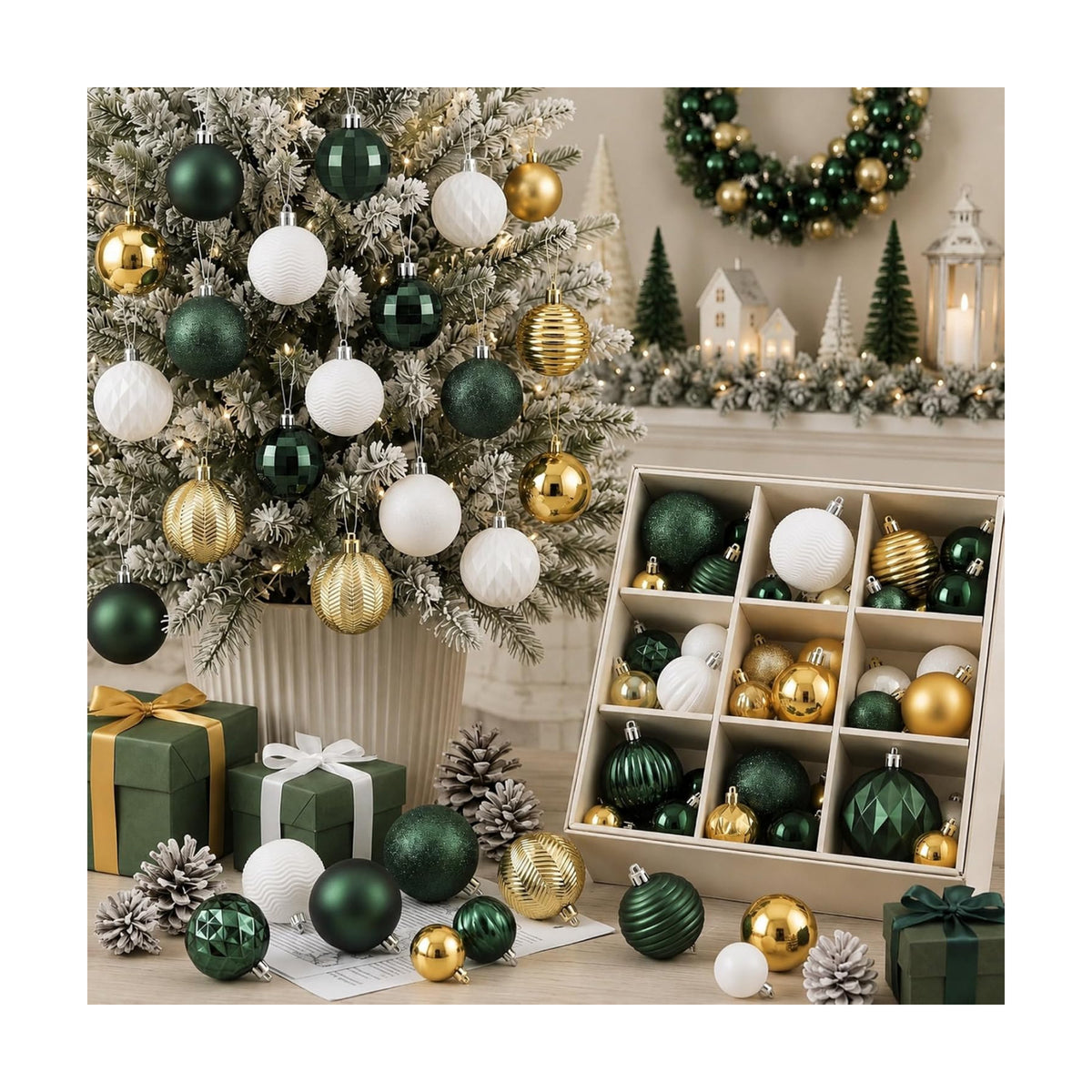 Lunmon 64 Pcs Christmas Ball Ornaments Emerald Green Champagne Gold White