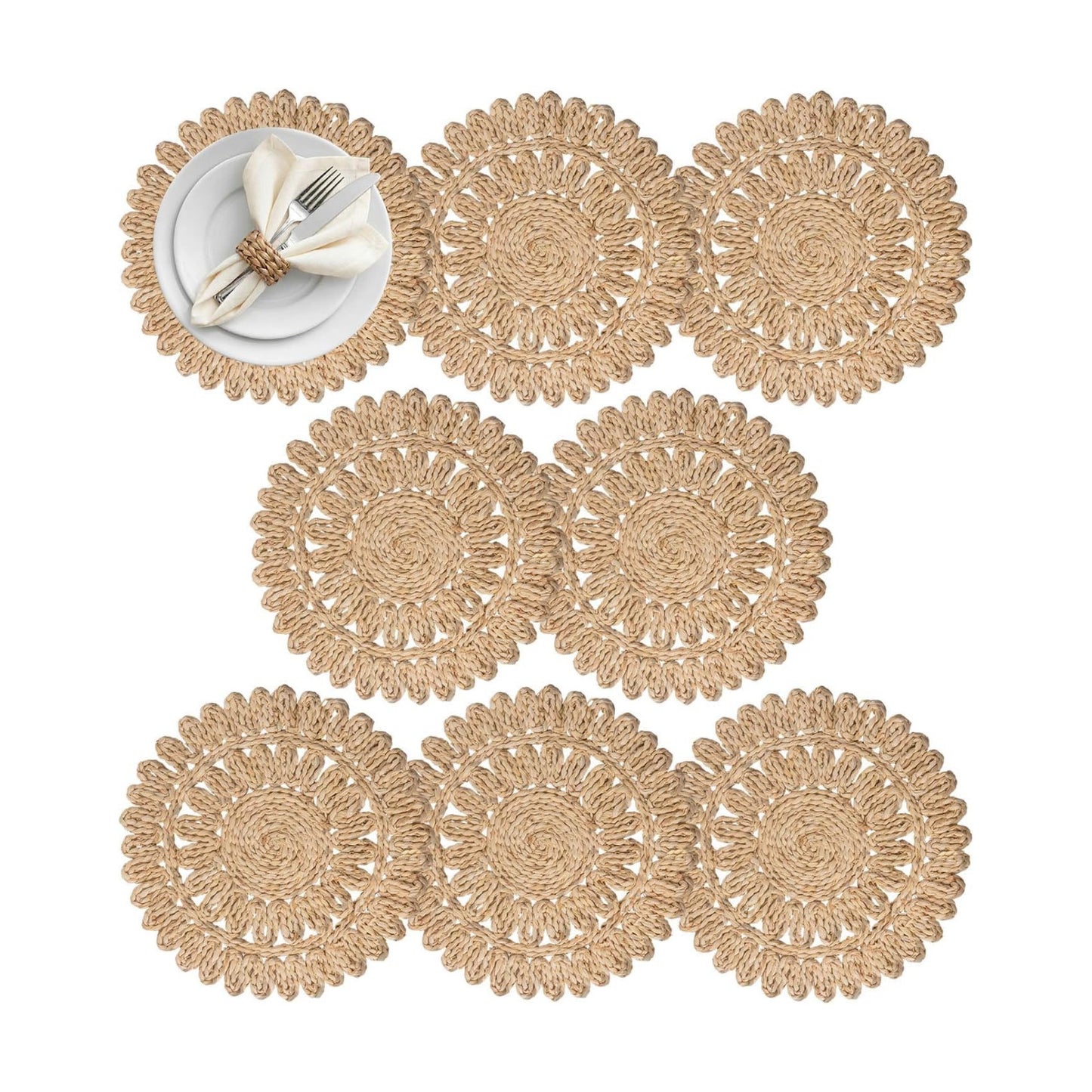 Boho Woven Rattan Table Mats / Natural / Set of 8