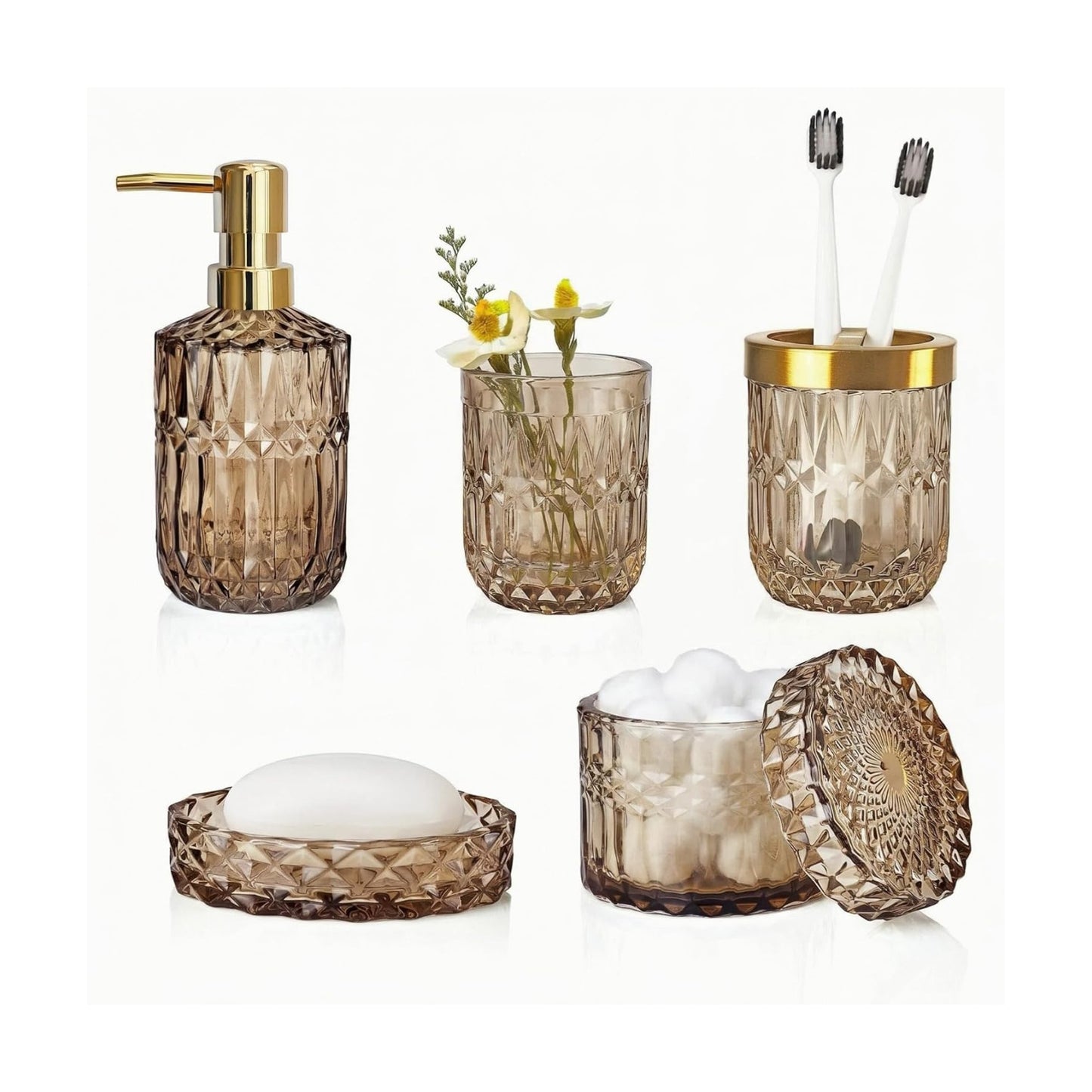 LaMarriti Brown Bathroom Accessories Set, 5Pcs Glass Bathroom Set, Soap Dispenser and Toothbrush Holder Set, Soap Dish