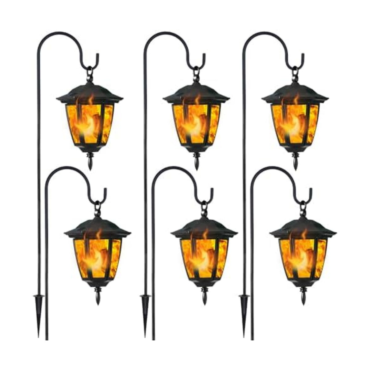Dynaming 6 Pack Solar Flame Hanging Lights Outdoor, Halloween Solar Flickering Flame LED Garden Lanterns with 6 x 38 Inch Shepherd Hooks, Christmas Lighting for Lawn Patio Yard Pathway Driveway