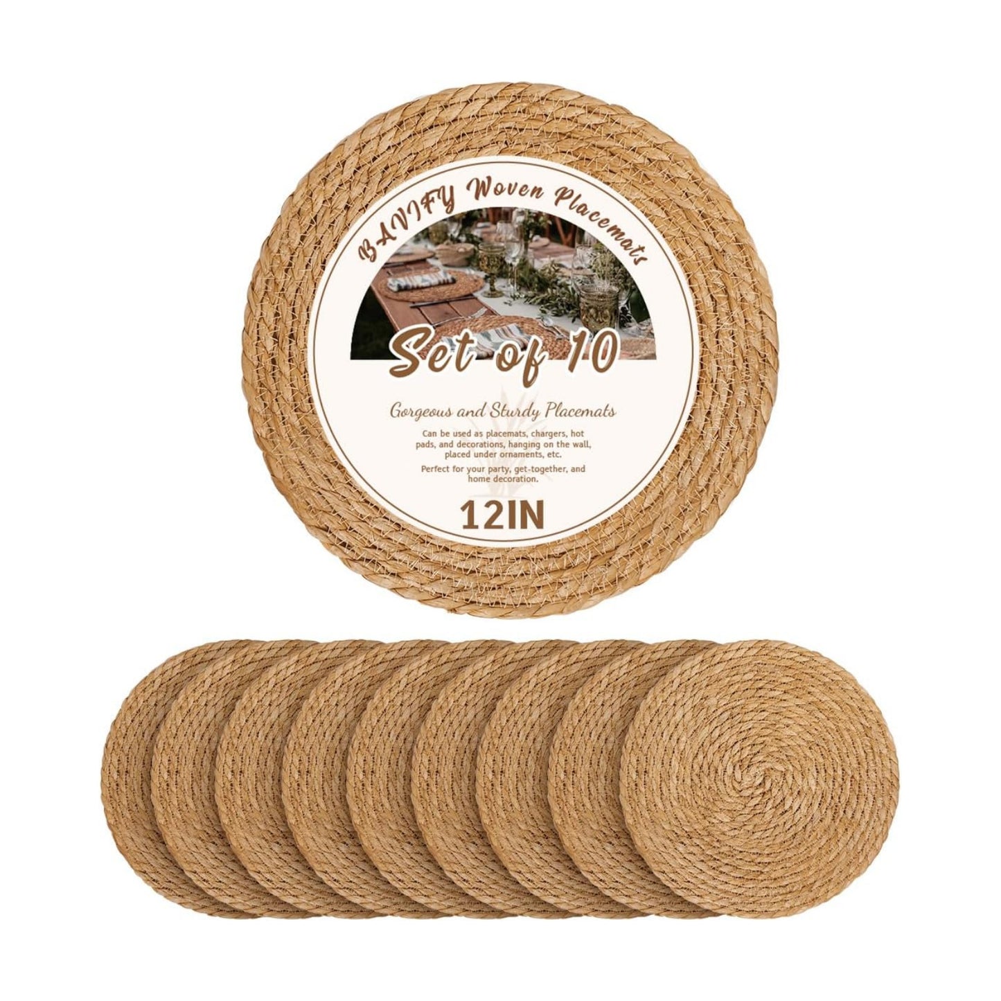 BAVIFY 12" Round Woven Placemats Set of 10, Plate Chargers for Dining Table | 12 Inch Place Mats Set of 10, Wicker
