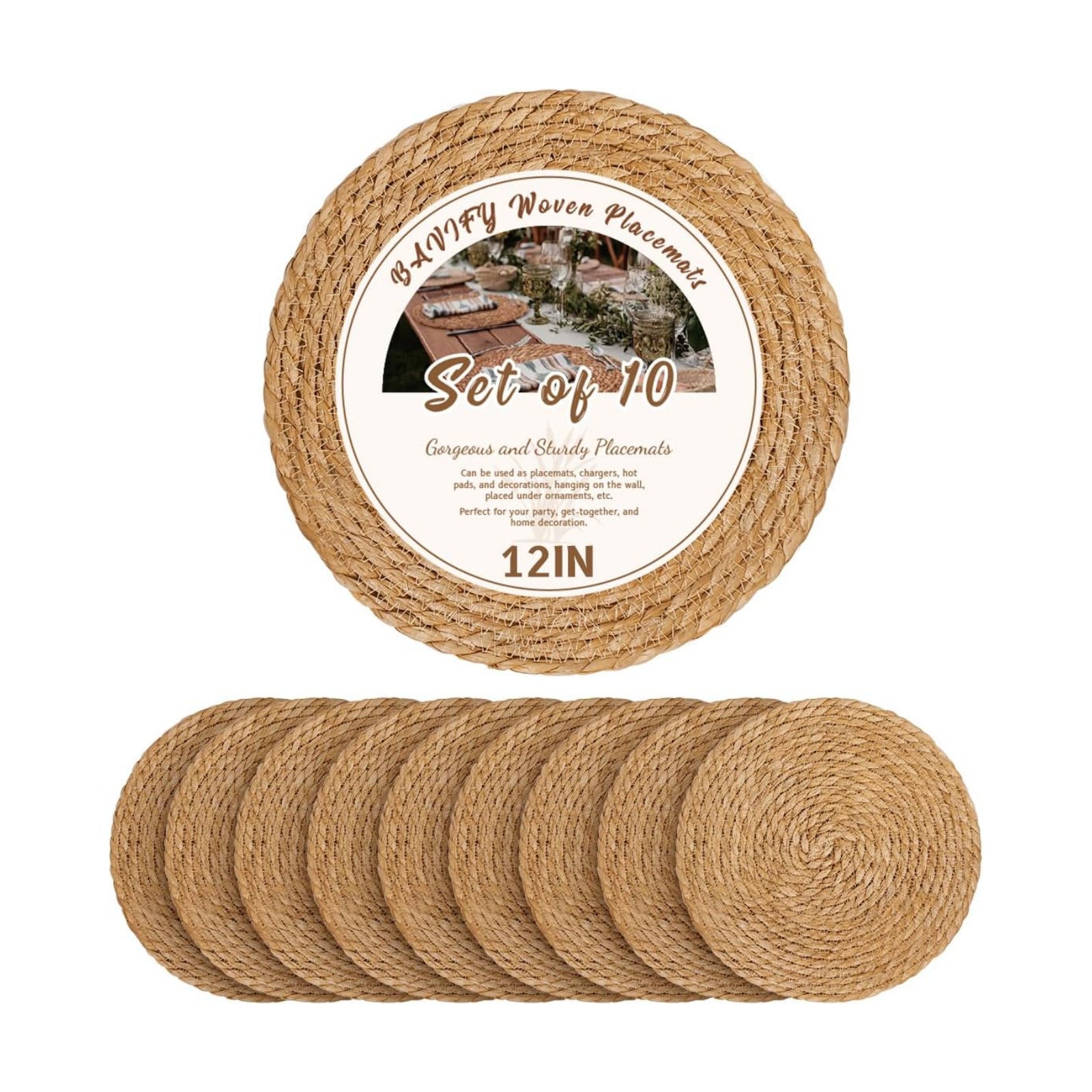BAVIFY 12" Round Woven Placemats Set of 10, Plate Chargers for Dining Table | 12 Inch Place Mats Set of 10, Wicker