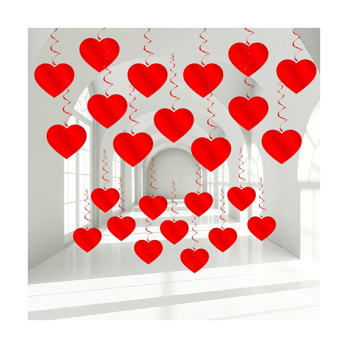 Red Heart Hanging Swirls, 24Pcs Foil Love Heart Ceiling Streamer for Valentines Galentines Decorations Bridal Shower Engagement Wedding Party Suppies