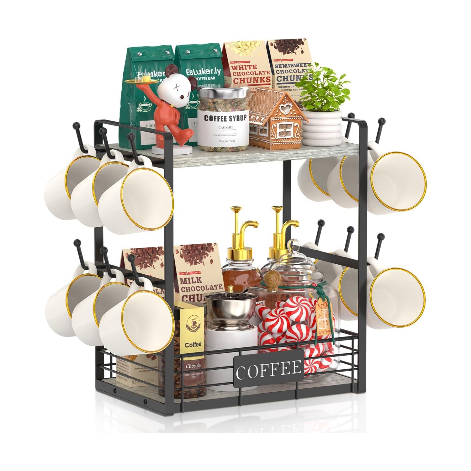 EsLuker.ly Coffee Mug Cup Holder Tree Bar Station Organizer, 2 Tier Light Grey