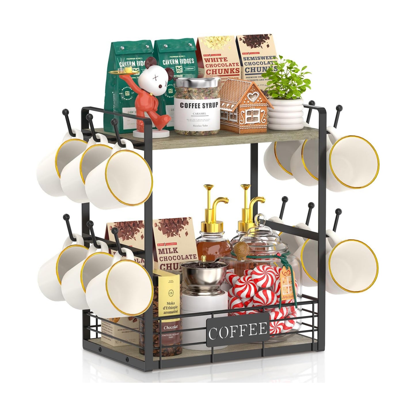 EsLuker.ly Coffee Mug Cup Holder Tree Bar Station Organizer, 2 Tier Grey Oak