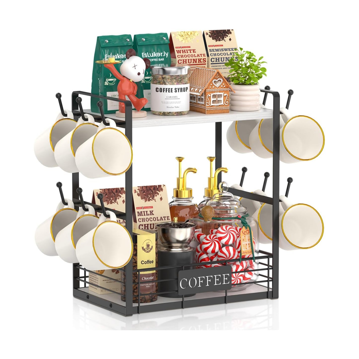 EsLuker.ly Coffee Mug Cup Holder Tree Bar Station Organizer, 2 Tier White | Mug Stand Rack for Countertop Kitchen