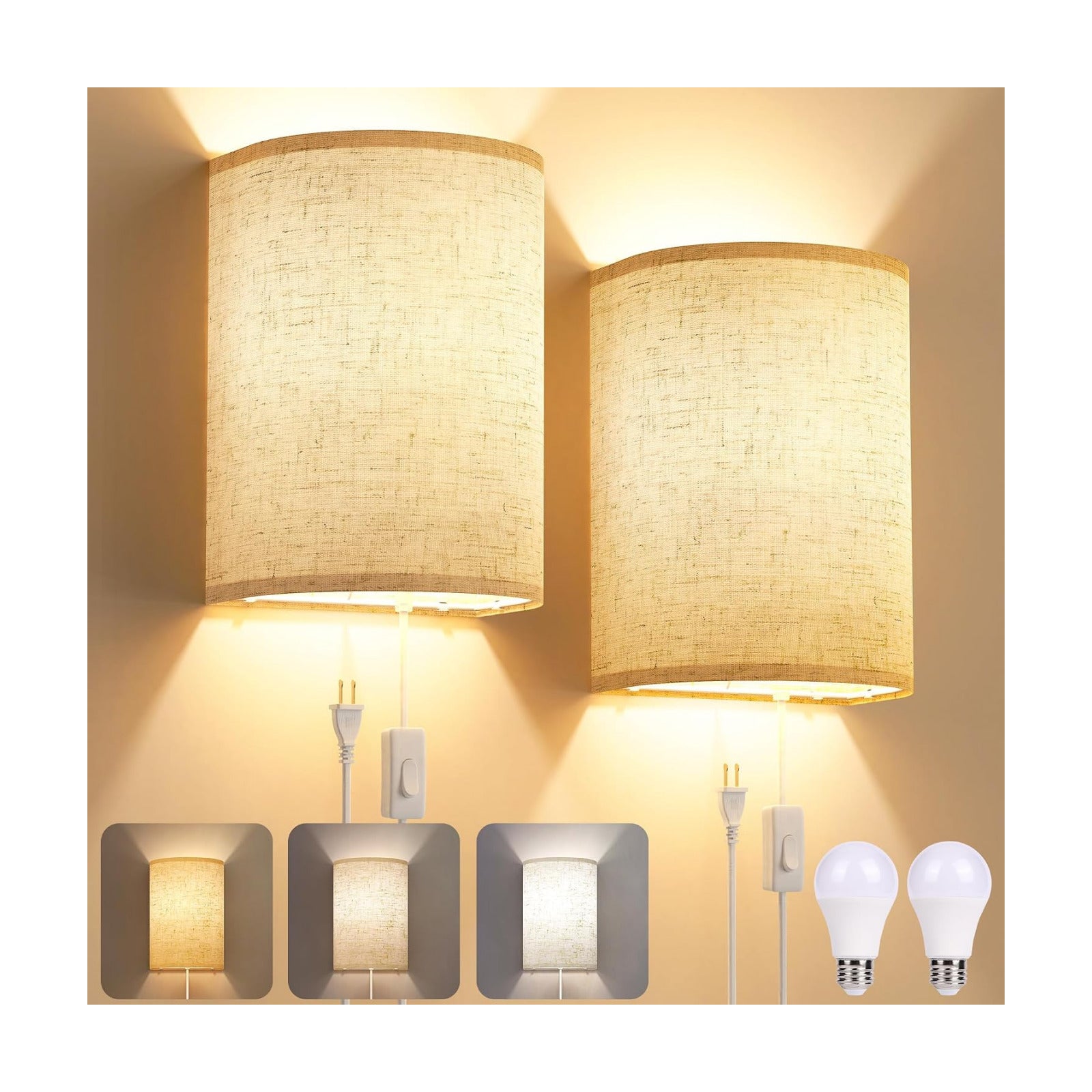 Yunaking Plug in Wall Sconces Set of Two Wall Lights with On/Off Switch | Stepless Color Temperature Wall Lamps with