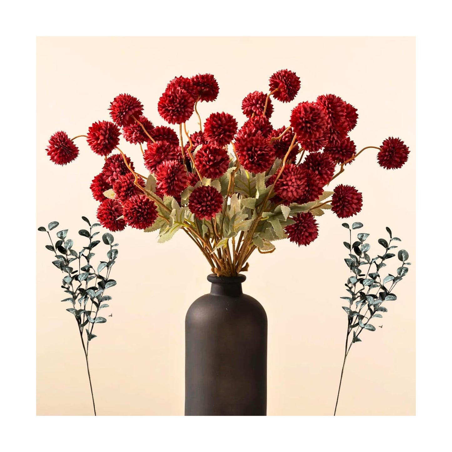 Faux Burgundy Flowers Artificial 10 Long Stems + Eucalyptus, Winter Decor