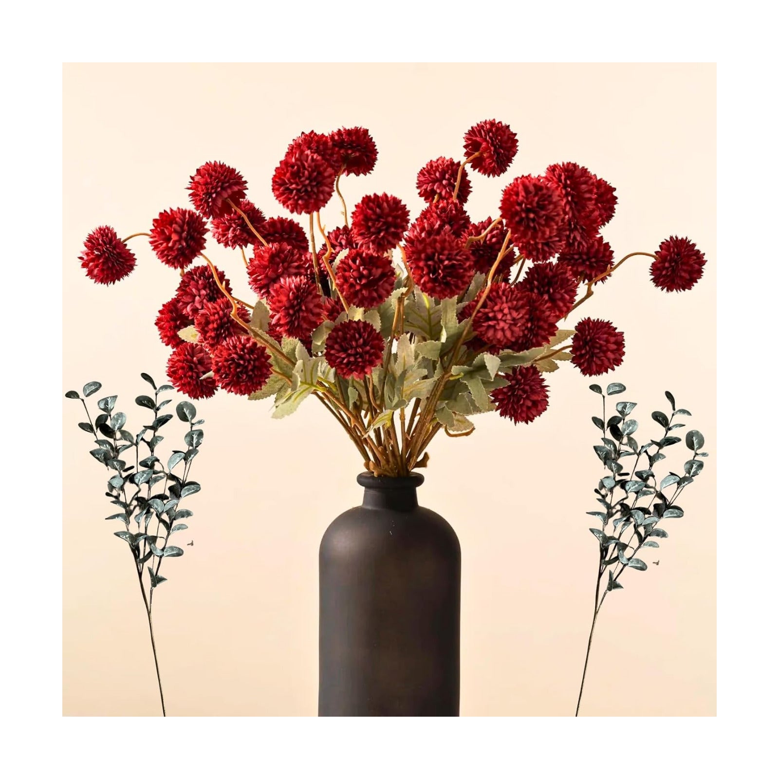 Faux Burgundy Flowers Artificial 10 Long Stems + Eucalyptus, Winter Decor