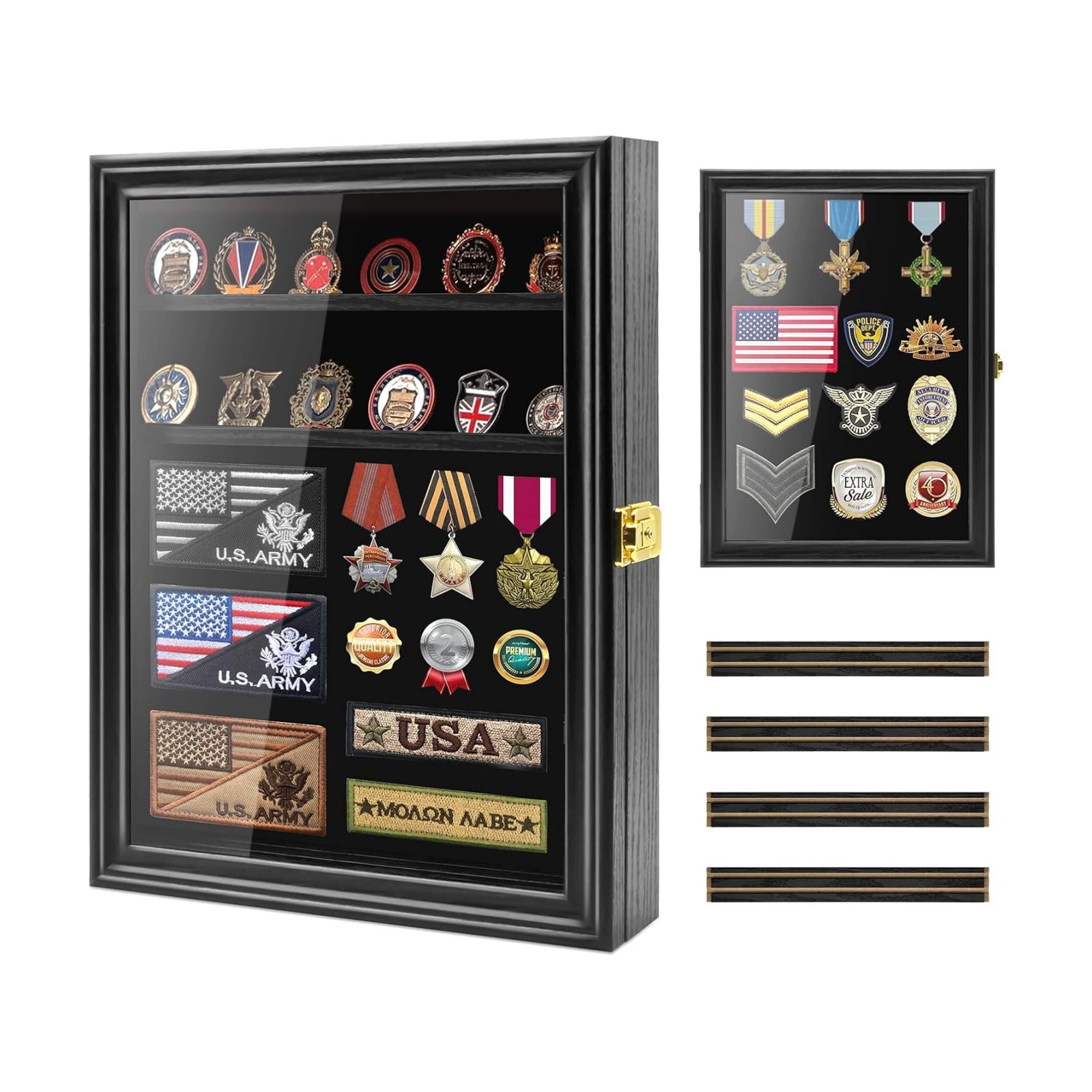 Military Challenge Coin Display Shadow Box Holds Up to 70 Coins, Lockable Wall-Mounted Cabinet for Medals, Pins