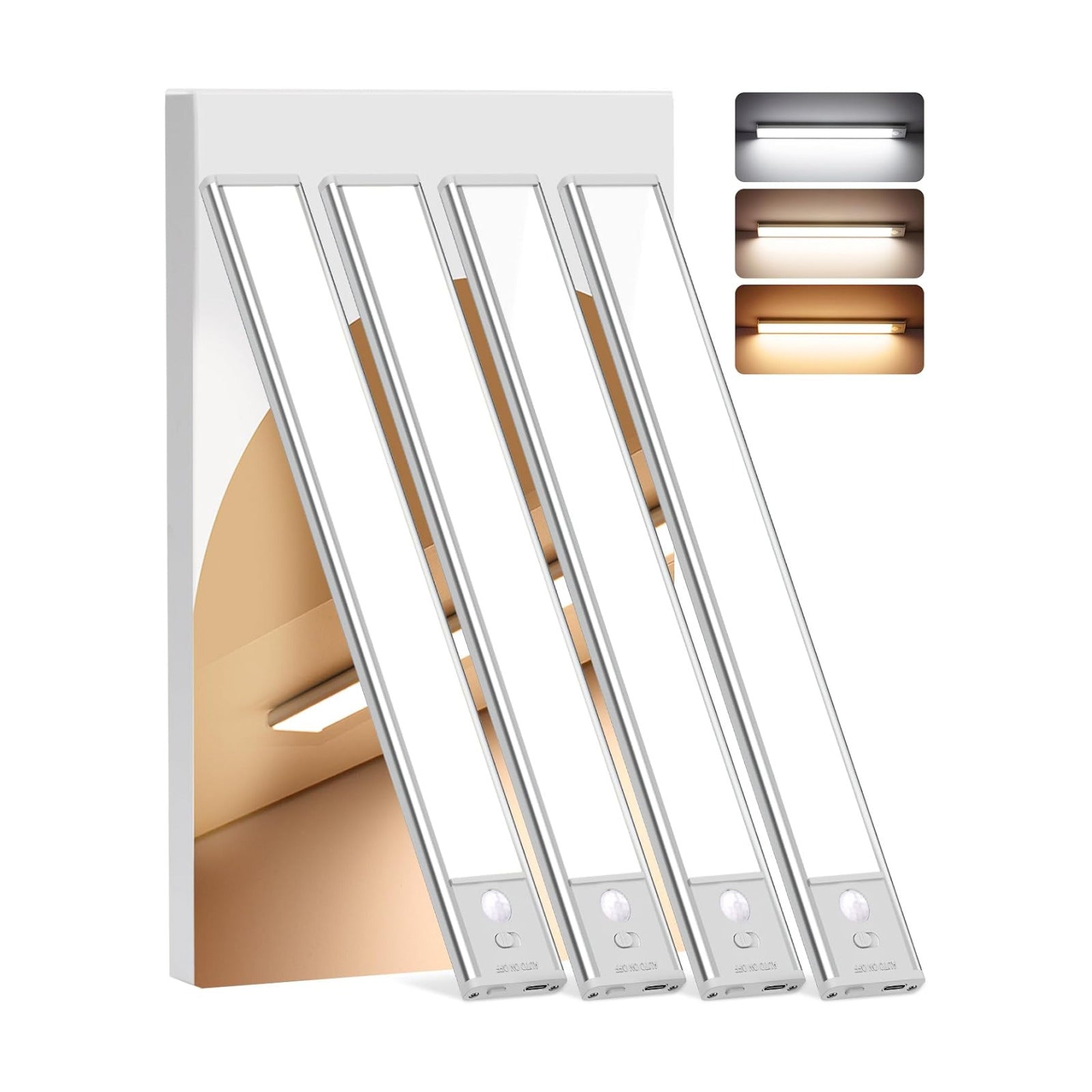 8inch Under Cabinet Lighting Wireless, 4Pack Motion Sensor Light Indoor | Rechargeable, 3 Color Temps, Dimmable, LED