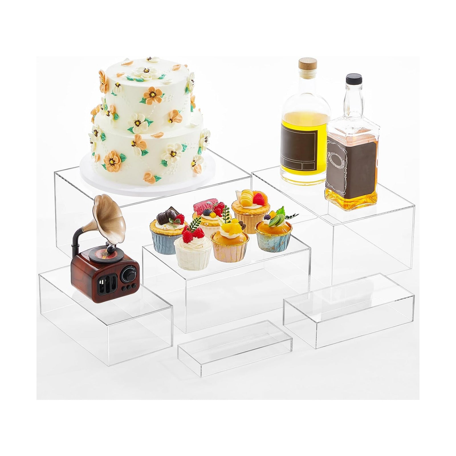 Acrylic Buffet Risers Stands for Food Display Cubes Box / Clear / 7 To 12 Inch / Rectangle / 12 Inch