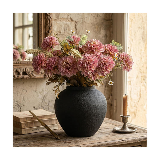 Ceramic Decorative Flower Vase " Textured Round Rustic Pottery Vintage Large / Black / 8.27 x 8.66
