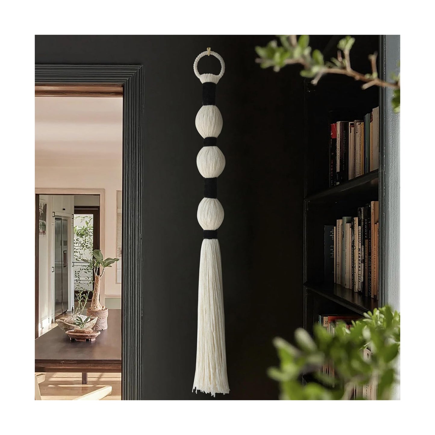 Macrame Wall Hanging Boho Wall Decor Small Sphericity Cotton Textile Tassel / Ivory and Black