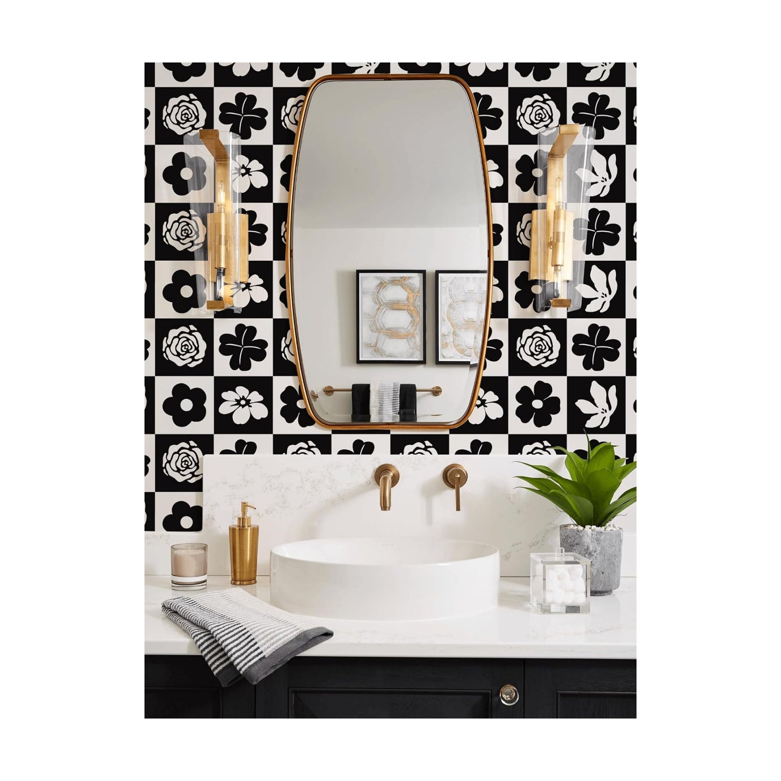 Black and White Wallpaper Peel and Stick Checkerboard Plaid Contact Paper / 17.3 x 196 / Black/white