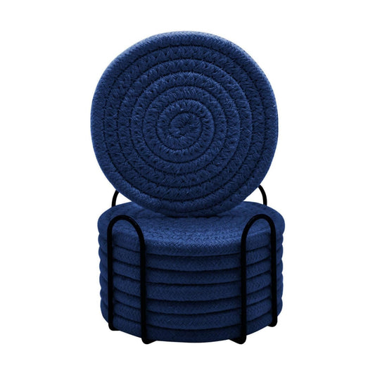 Holder / Cotton Woven Absorbent Coasters for Drinks / Navy Blue / Set of 8