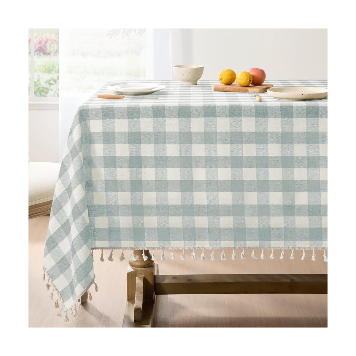 Softalker Gingham Square Tablecloth with Tassel, Aqua, 55" x 55"
