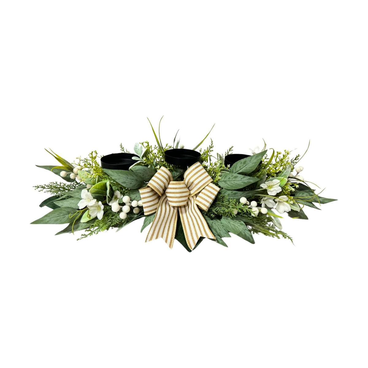 Svndlyn 26 Inch 3 Candle Holder Centerpiece with Greenery and Striped Bow