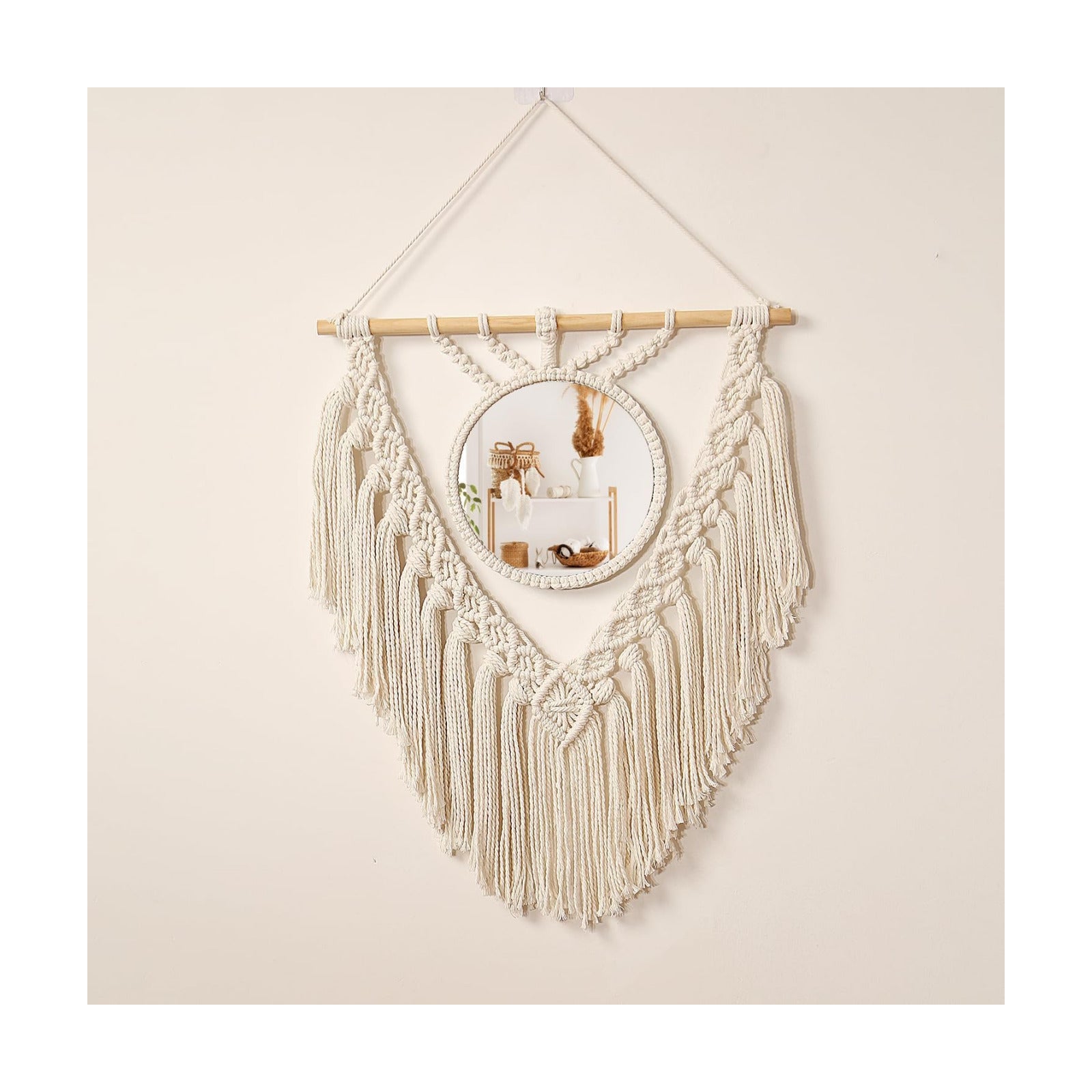 Boho Round Wall Mirror Macrame Wall Hanging Circle Hanging Mirror for Over Sink Bedroom Living Room