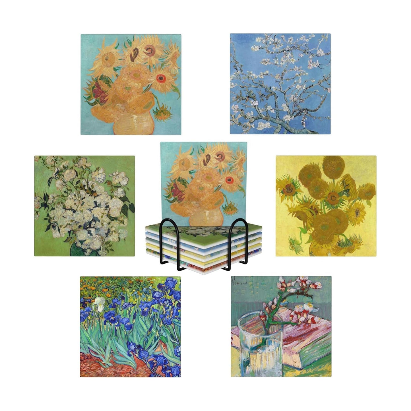 Absorbent Ceramic Coasters for Drinks / Square - Van Gogh - 2 / Set of 6