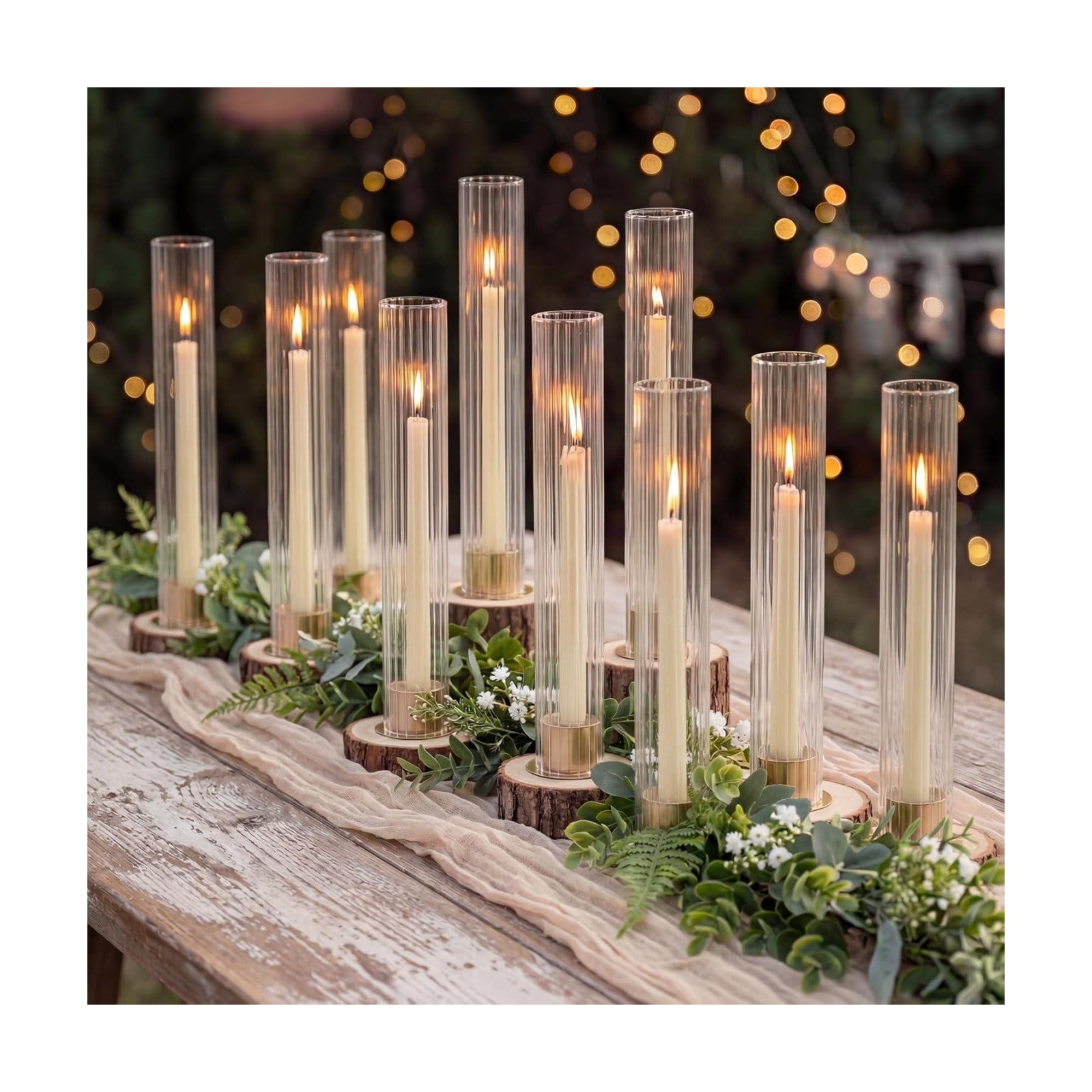 NUPTIO Hurricane Glass Candle Holders, Set of 10 Gold Taper Candle Holders | Fluted Glass Cylinders, Metal Base Design