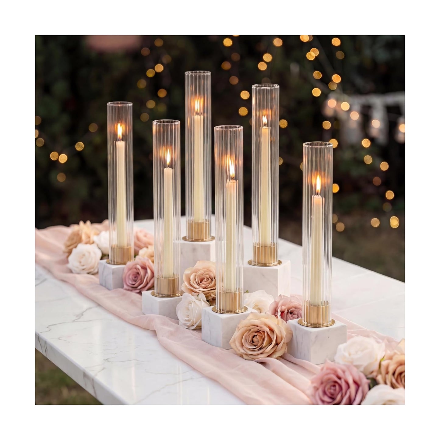 NUPTIO Candlestick Holder with Fluted Hurricane: Set of 6 Metal Candle Holders with Glass Cylinders - Gold Taper