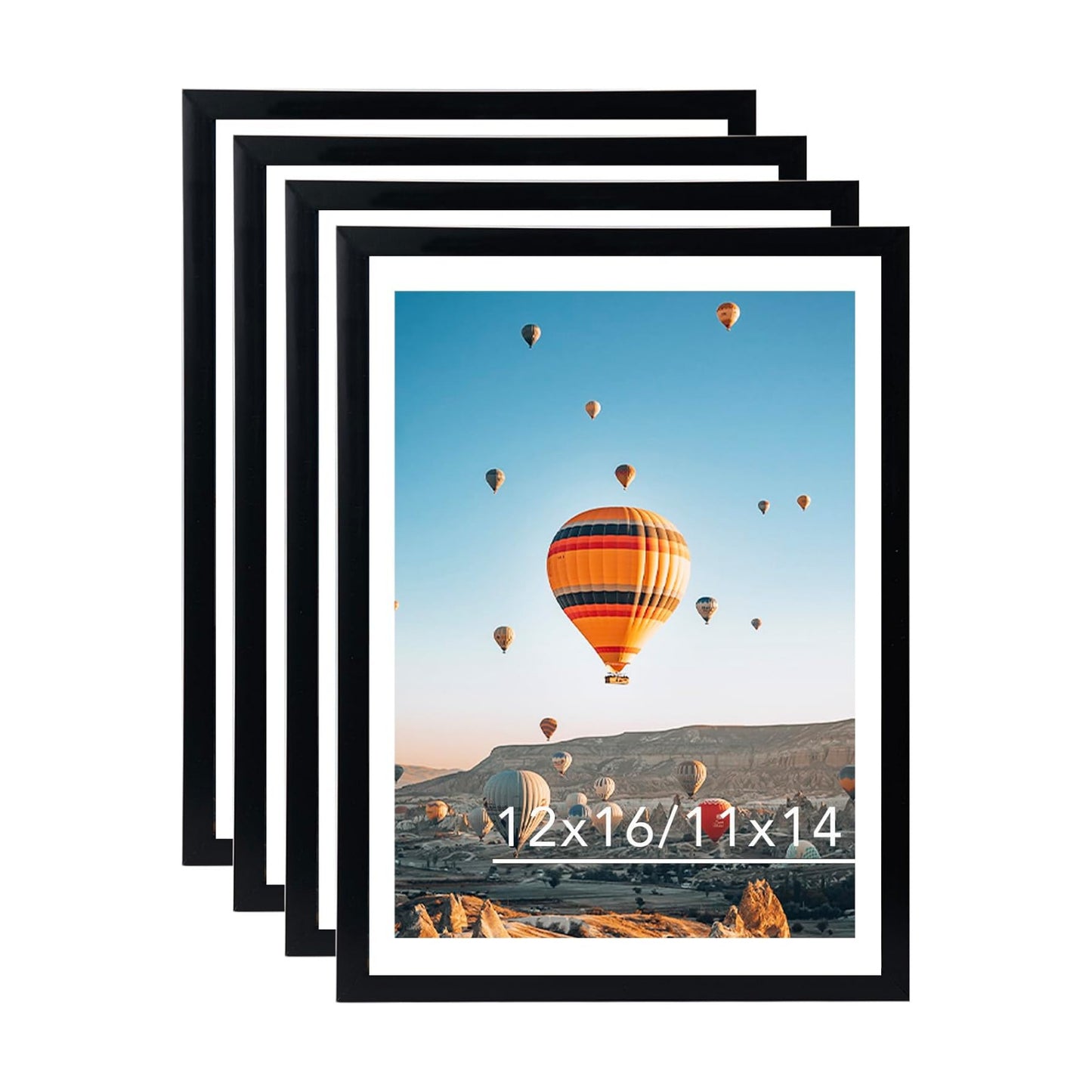 JCJMY 12x16 Picture Frame Set of 4 Black with 11x14 Mat, Display Photo 11x14 with Mat or 12 x 16 Without Mat, Wall