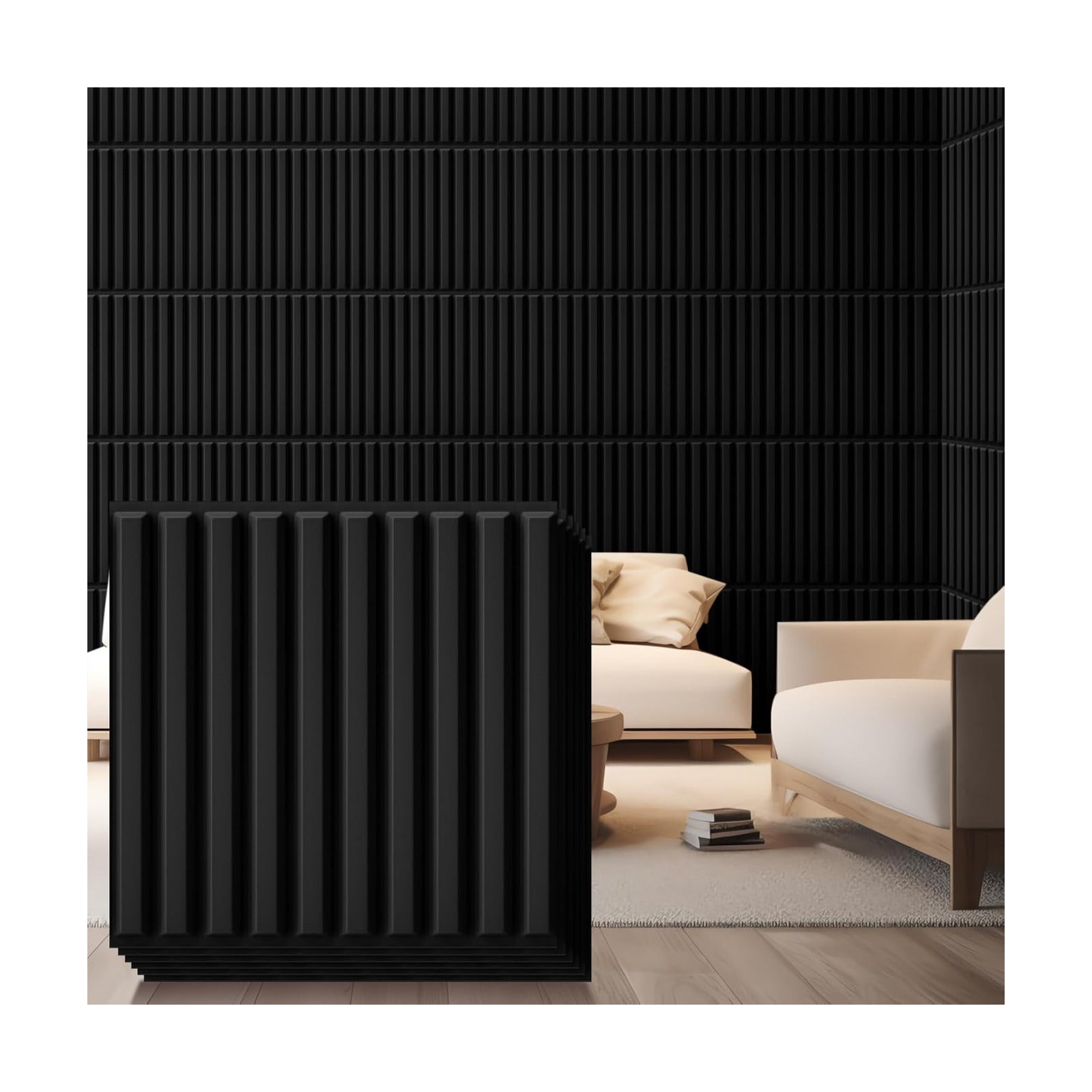Nuanchu 32 Pcs 3D Wall Panels, 12"x12" PVC Fluted Tiles, Black | Waterproof Accent Panels, Paintable Wall Tiles, for TV