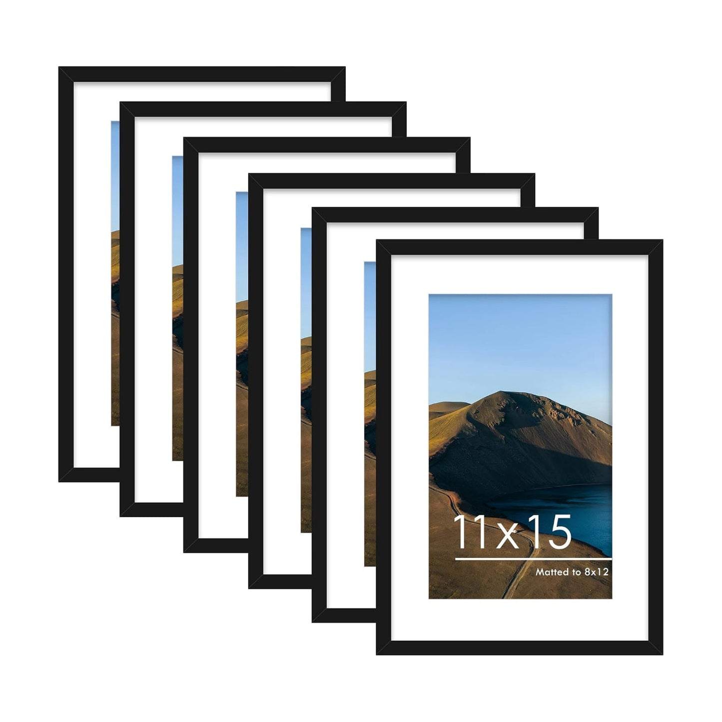 11x15 Picture Frame Set of 6, Wall Mount Display, Black | Display Pictures 8x12 with Mat or 11x15 without