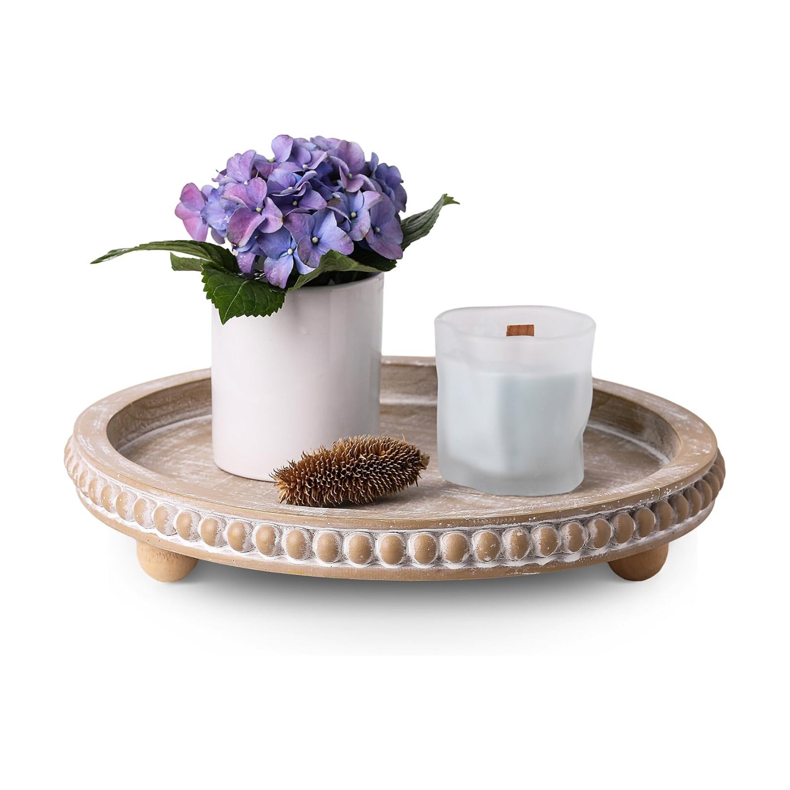 Round Wooden Tray Decor / Beige