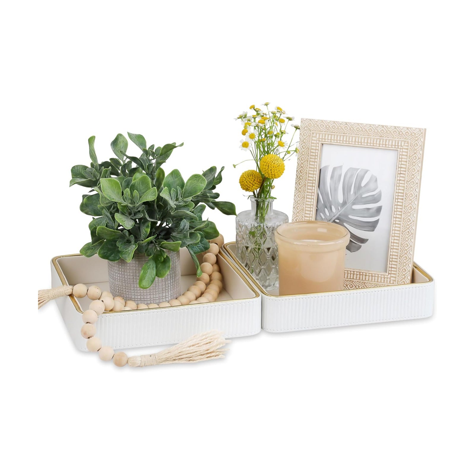 Bedside Tray / Leather Catchall Tray / White / 8 x 8 x 1.8 / Set of 2