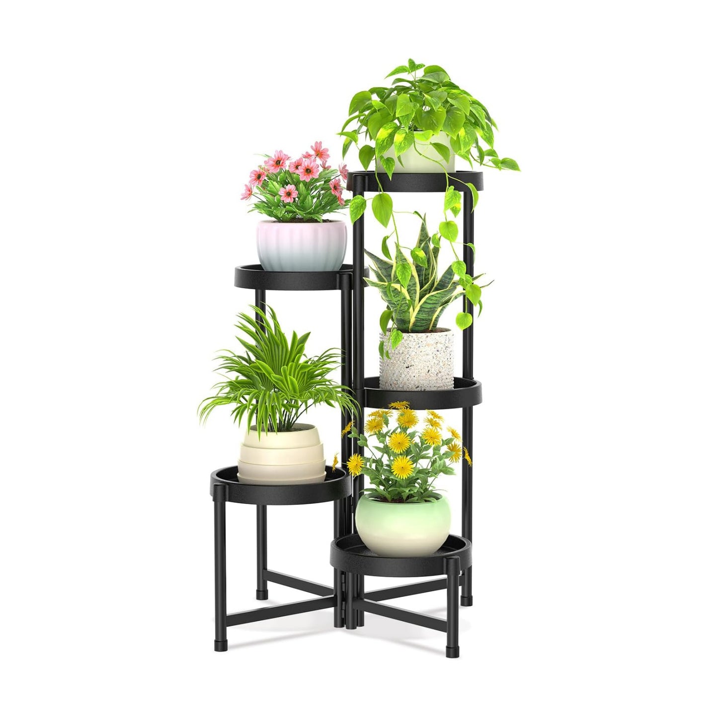 iDavosic.ly 5 Tier Folding Plant Stand Indoor Outdoor, Plastic Tray, Black | Space Saving Tiered Corner Storage Display