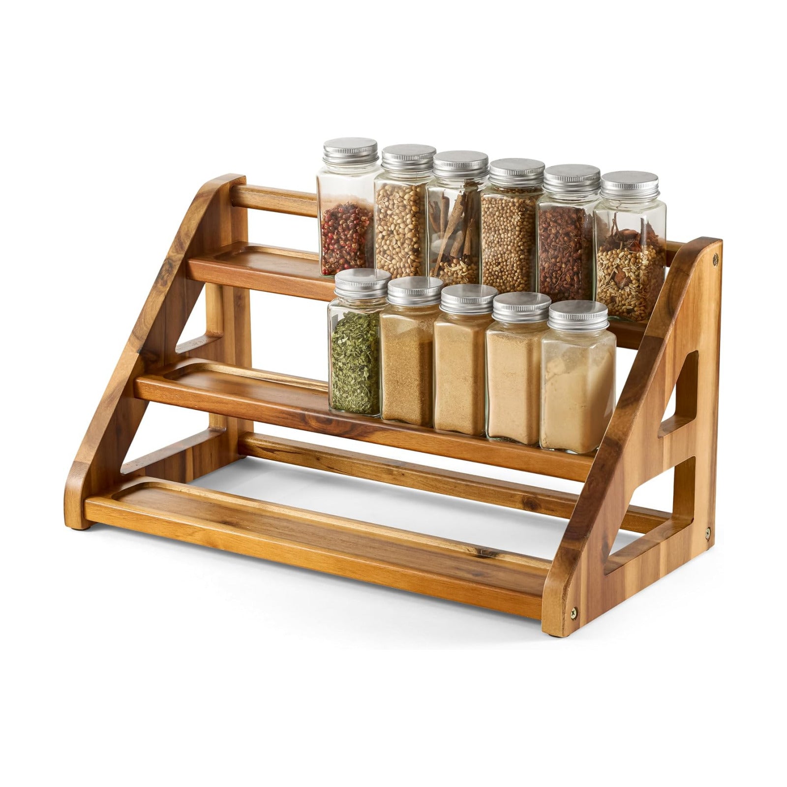 Tinamo Acacia Wood Spice Rack for Countertop, 3-Tier Design, Holds 24 Jars | Solid Acacia Wood, 3-tier Spacious Design