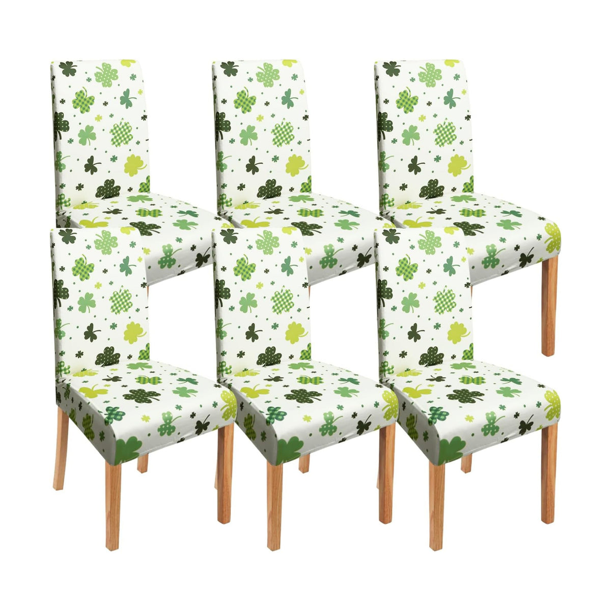 St. Patrick's Day Dining Room Chair Covers，St Patricks Day Chair Covers Set of 6, Green Four Leaf Clover Dining Chair Covers, Elastic Removable Washable Dining Chair Covers