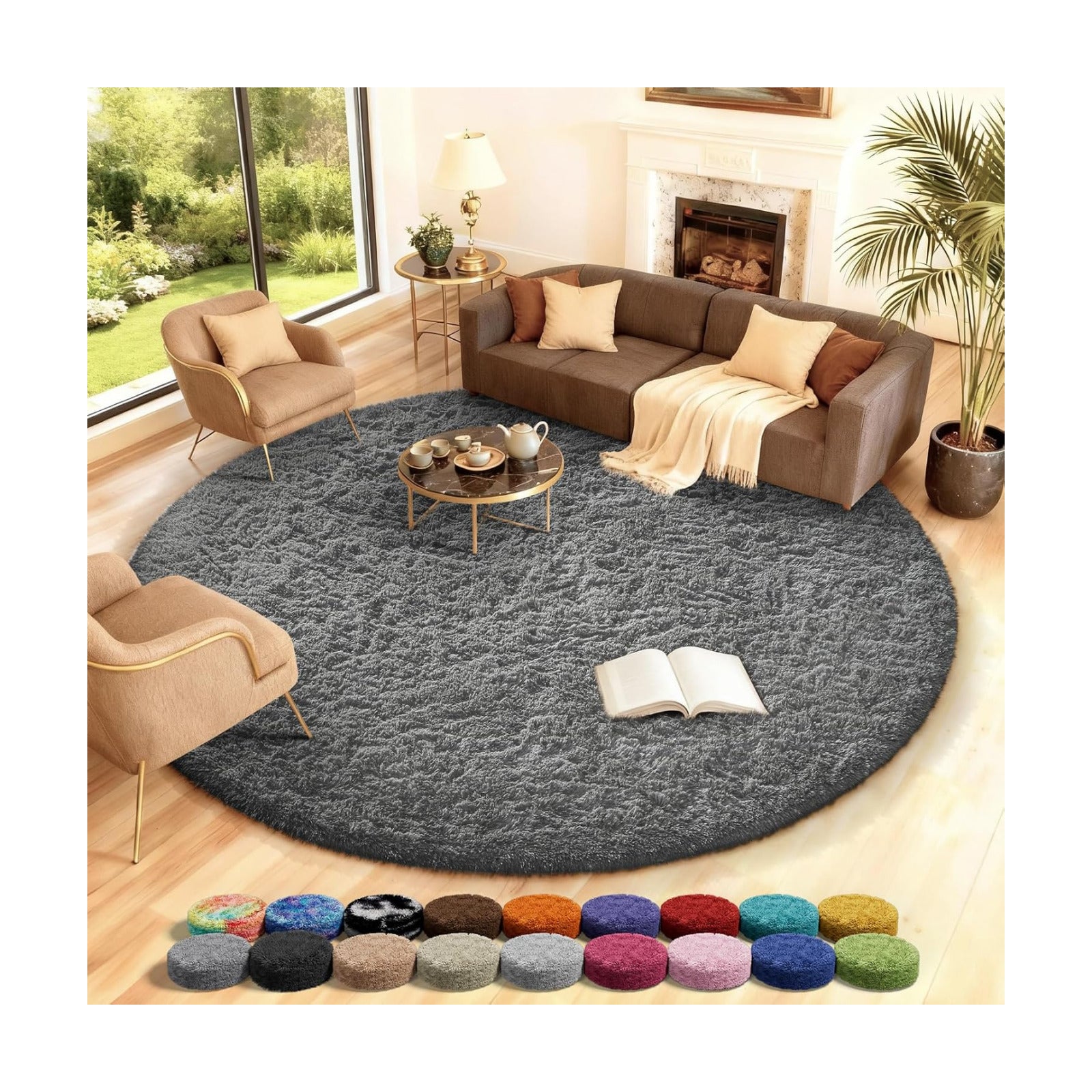 Ophanie Round Rug 8Ft Grey Circle Area Rugs,Large Fluffy Fuzzy Living Room Carpet 8 feet,Plush Shag Solid Indoor Floor