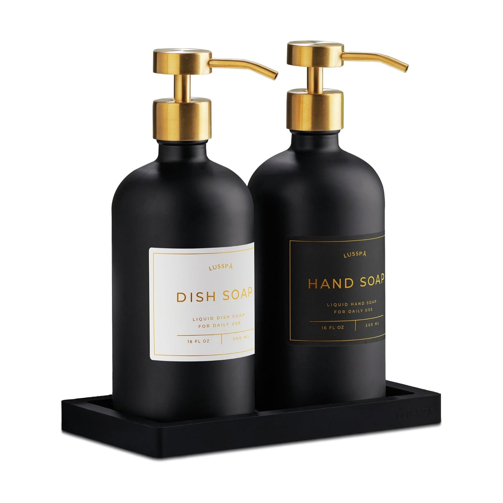 Glass Soap Dispenser Set of 2 (Black) with Silicone Tray | Hand and Dish Soap Dispenser for Kitchen and Bathroom | 16.8