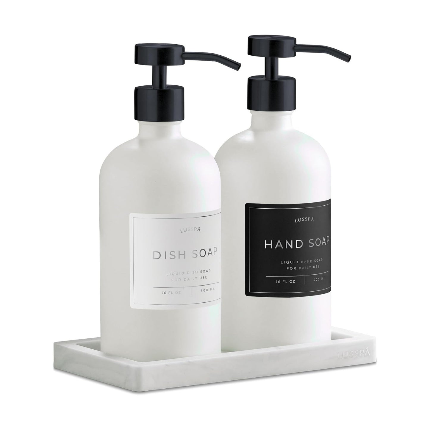 Glass Soap Dispenser Set of 2 (White) with Silicone Tray | Hand and Dish Soap Dispenser for Kitchen and Bathroom | 16.8