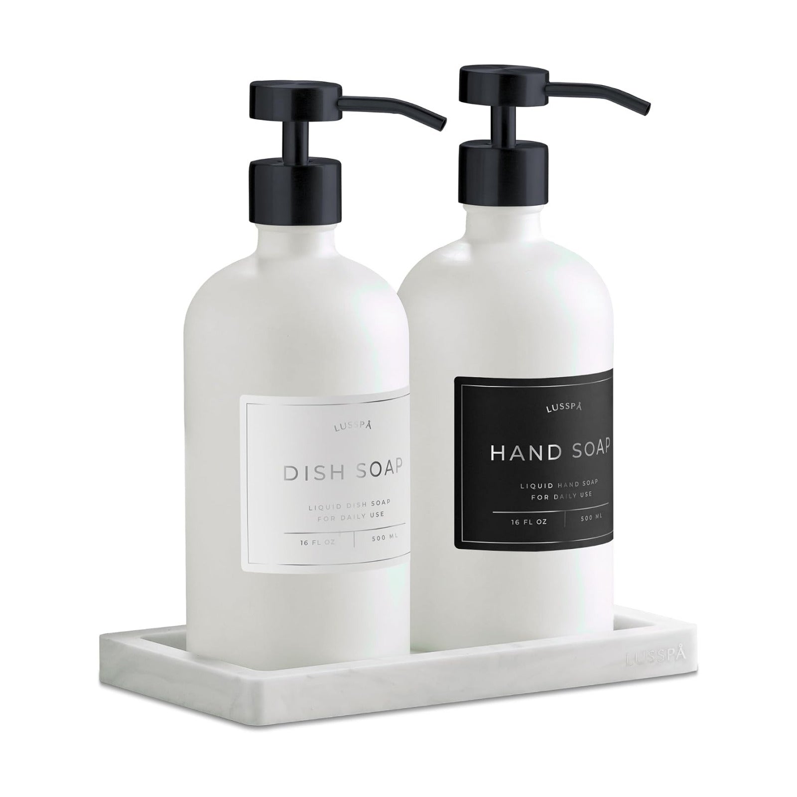 Glass Soap Dispenser Set of 2 (White) with Silicone Tray | Hand and Dish Soap Dispenser for Kitchen and Bathroom | 16.8