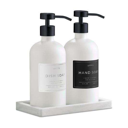 Glass Soap Dispenser Set of 2 (White) with Silicone Tray | Hand and Dish Soap Dispenser for Kitchen and Bathroom | 16.8