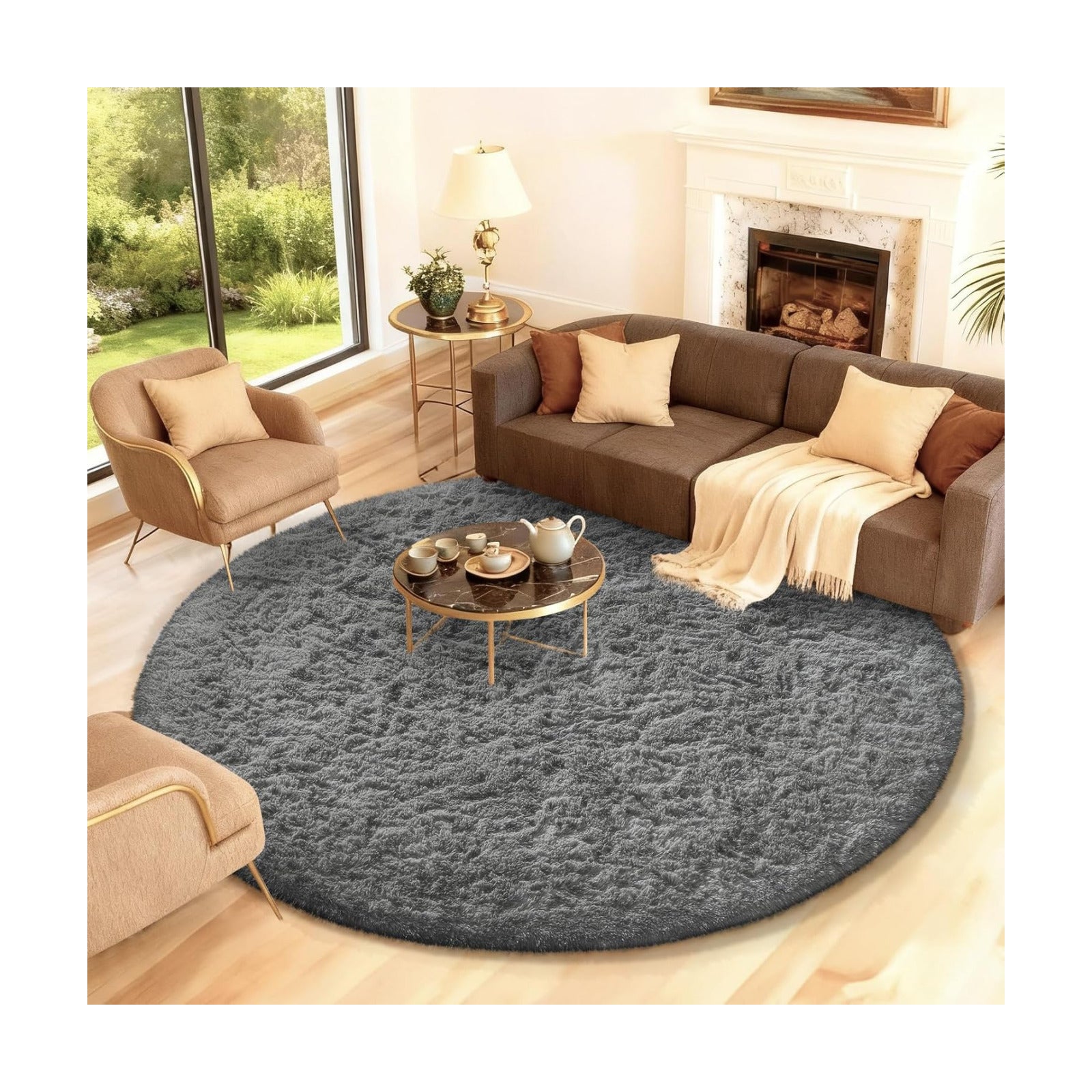 Ophanie Round Rug 7Ft Grey Circle Area Rugs,Large Fluffy Fuzzy Living Room Carpet 7 Foot,Plush Shag Solid Indoor Floor